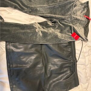 Light green Velvet pants and Leather Skirt Set